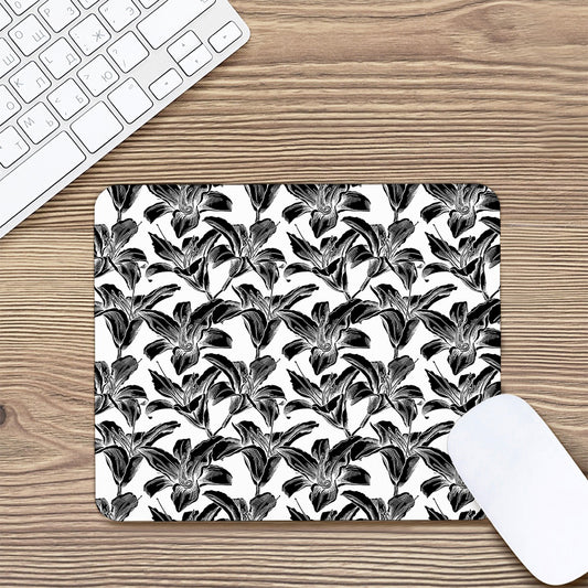 White And Black Lily Pattern Print Mouse Pad