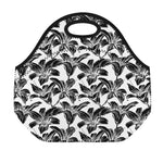 White And Black Lily Pattern Print Neoprene Lunch Bag