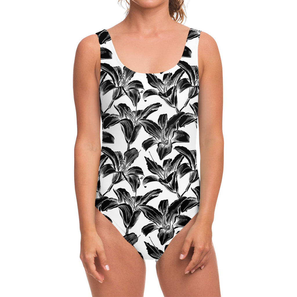 White And Black Lily Pattern Print One Piece Swimsuit