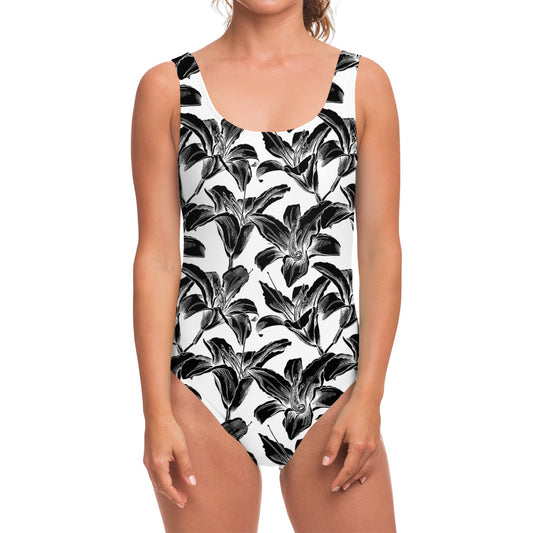 White And Black Lily Pattern Print One Piece Swimsuit