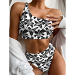 White And Black Lily Pattern Print One Shoulder Bikini Top