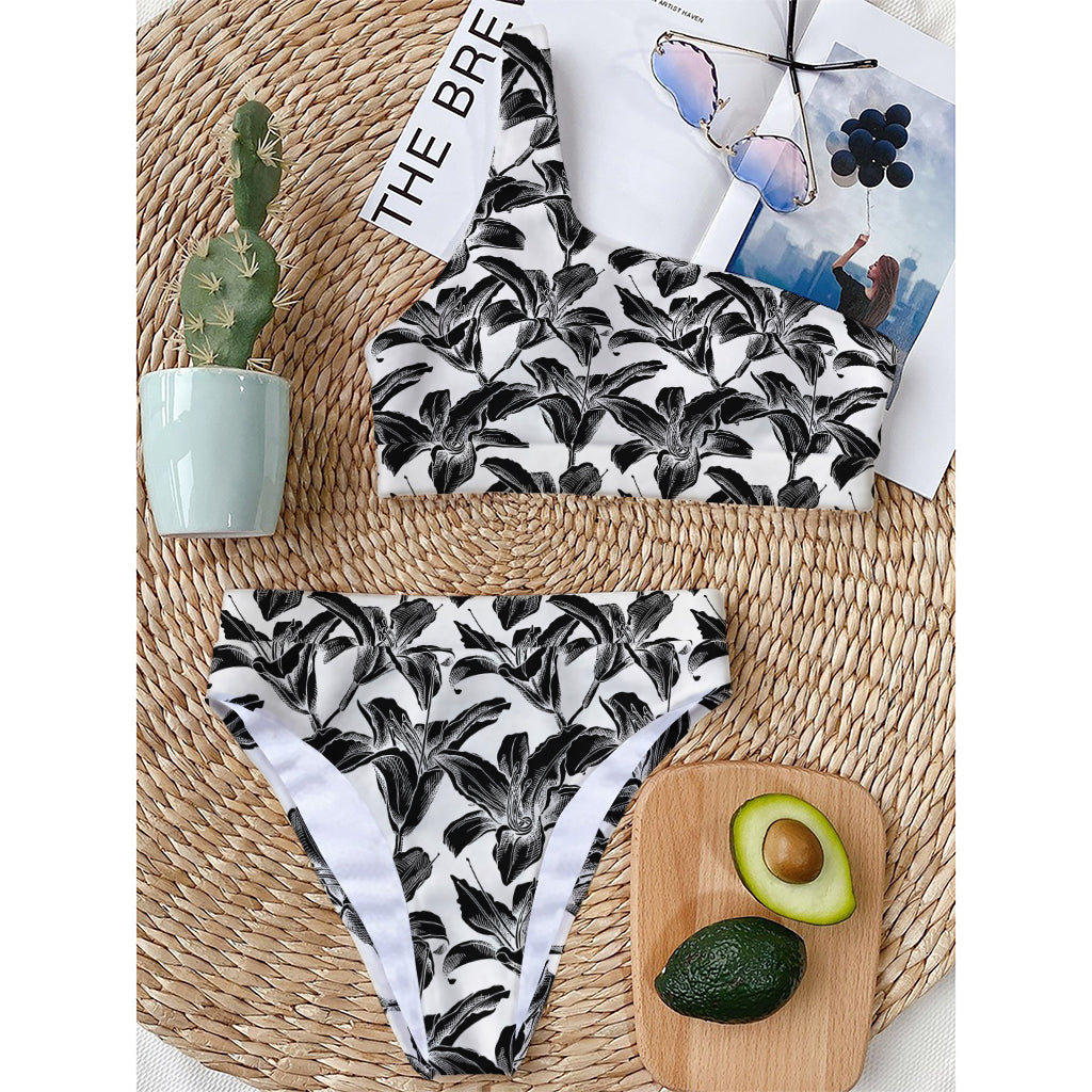 White And Black Lily Pattern Print One Shoulder Bikini Top