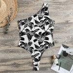 White And Black Lily Pattern Print One Shoulder Bodysuit