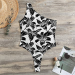 White And Black Lily Pattern Print One Shoulder Bodysuit