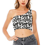 White And Black Lily Pattern Print One Shoulder Crop Top
