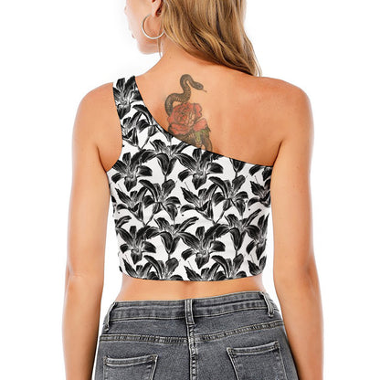 White And Black Lily Pattern Print One Shoulder Crop Top