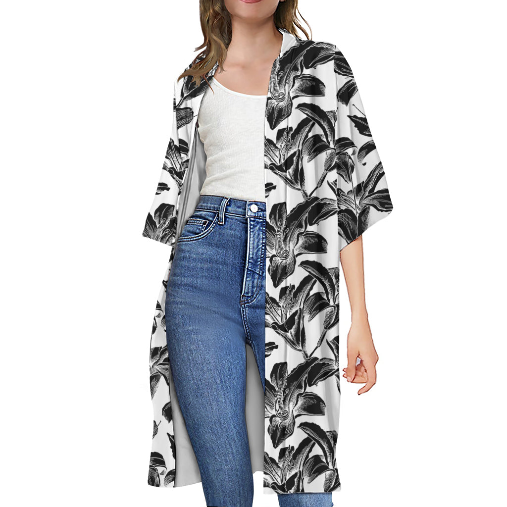 White And Black Lily Pattern Print Open Front Beach Cover Up