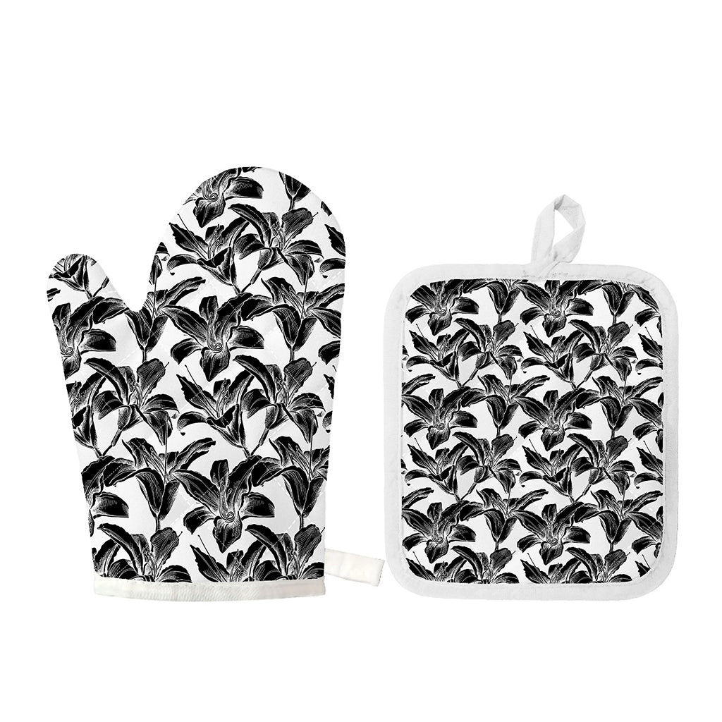 White And Black Lily Pattern Print Oven Mitt And Pot Holder Set