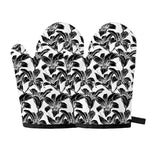 White And Black Lily Pattern Print Oven Mitts