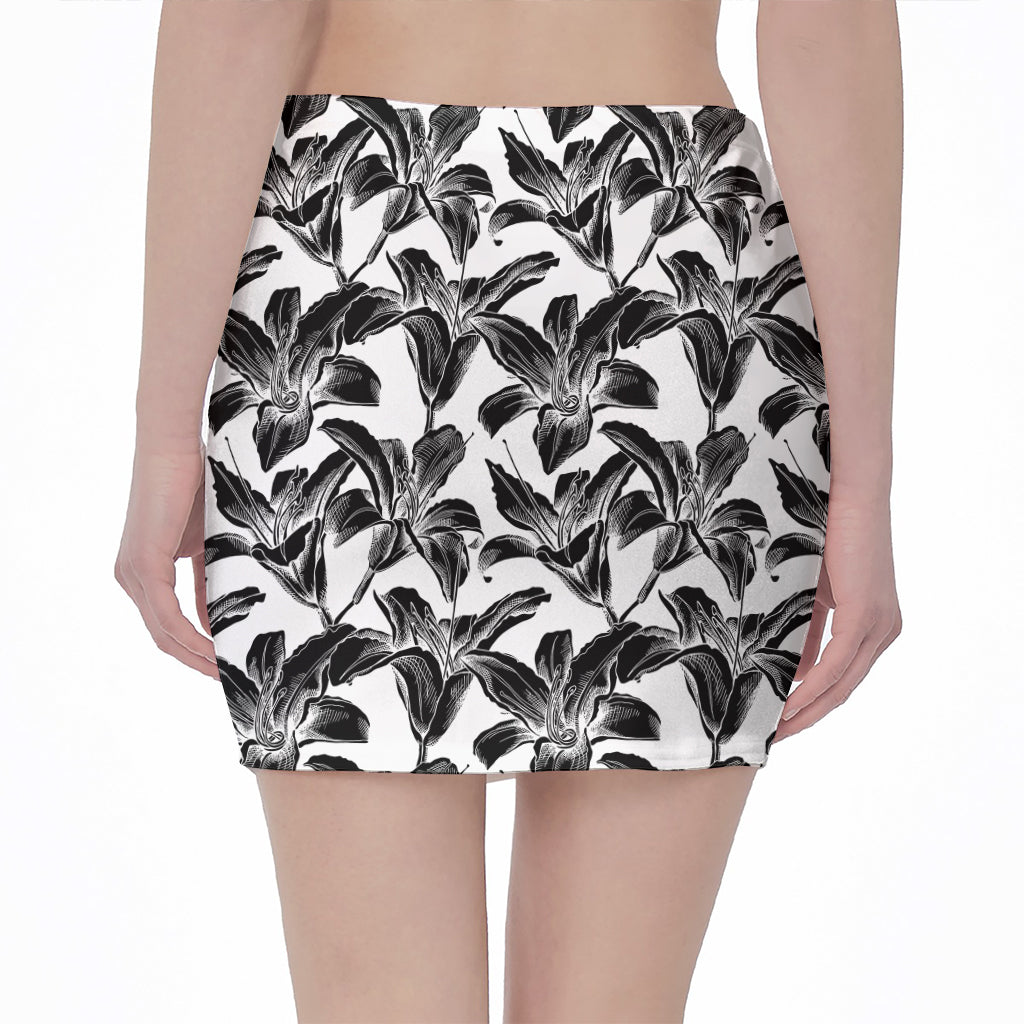 White And Black Lily Pattern Print Pencil Mini Skirt