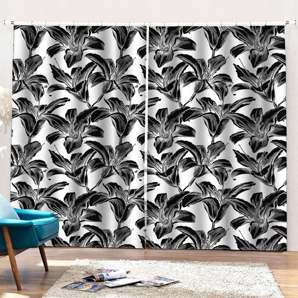 White And Black Lily Pattern Print Pencil Pleat Curtains