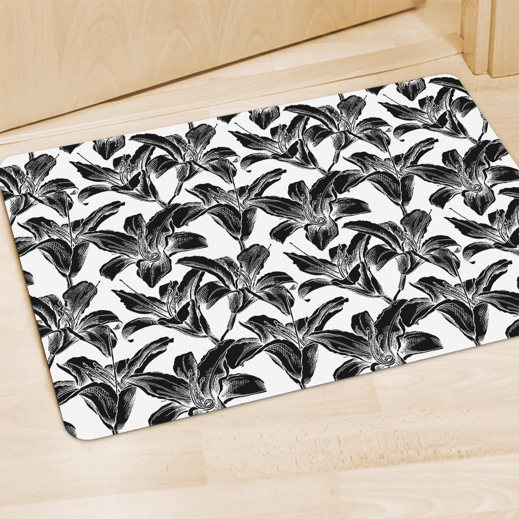 White And Black Lily Pattern Print Polyester Doormat