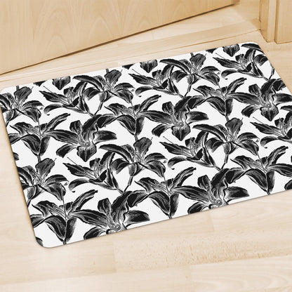 White And Black Lily Pattern Print Polyester Doormat
