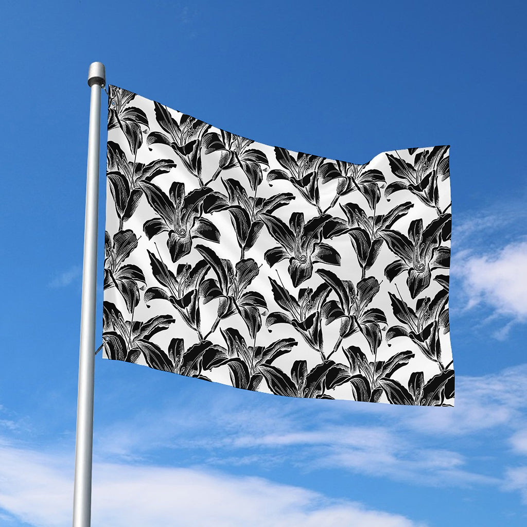 White And Black Lily Pattern Print Polyester Flag
