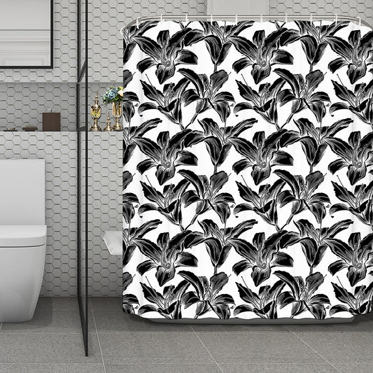 White And Black Lily Pattern Print Polyester Shower Curtain