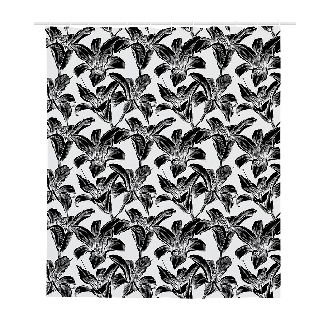 White And Black Lily Pattern Print Polyester Shower Curtain
