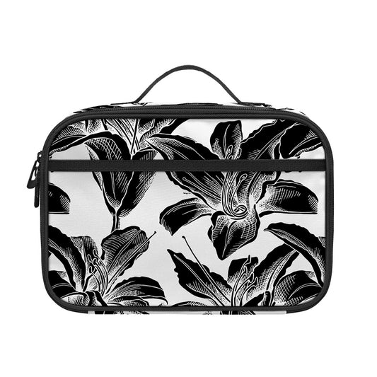 White And Black Lily Pattern Print Portable Lunch Bag