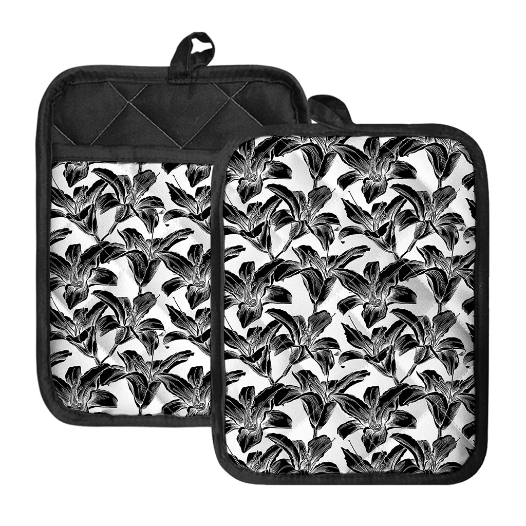 White And Black Lily Pattern Print Pot Holders With Pocket