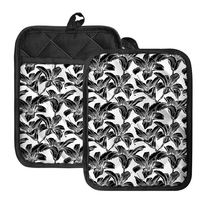 White And Black Lily Pattern Print Pot Holders With Pocket