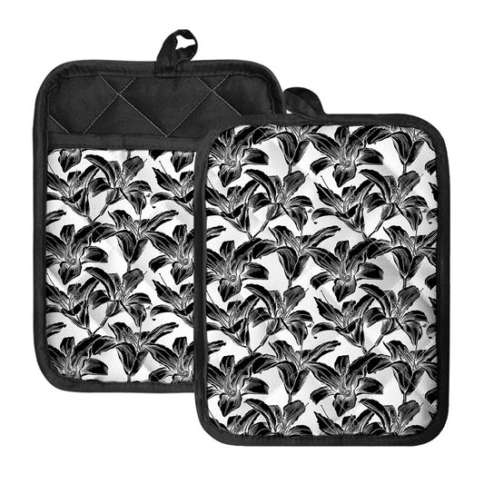 White And Black Lily Pattern Print Pot Holders With Pocket