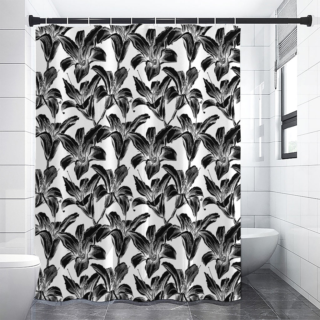 White And Black Lily Pattern Print Premium Shower Curtain