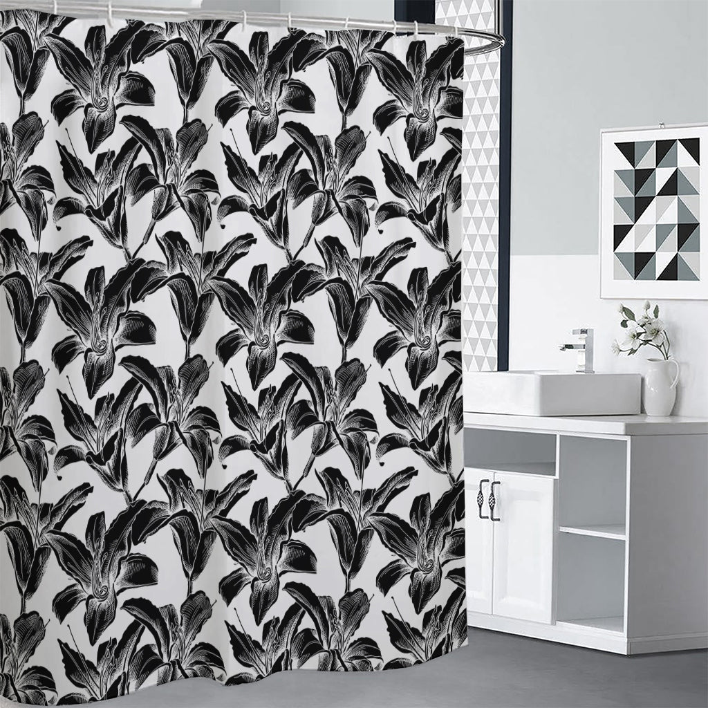 White And Black Lily Pattern Print Premium Shower Curtain