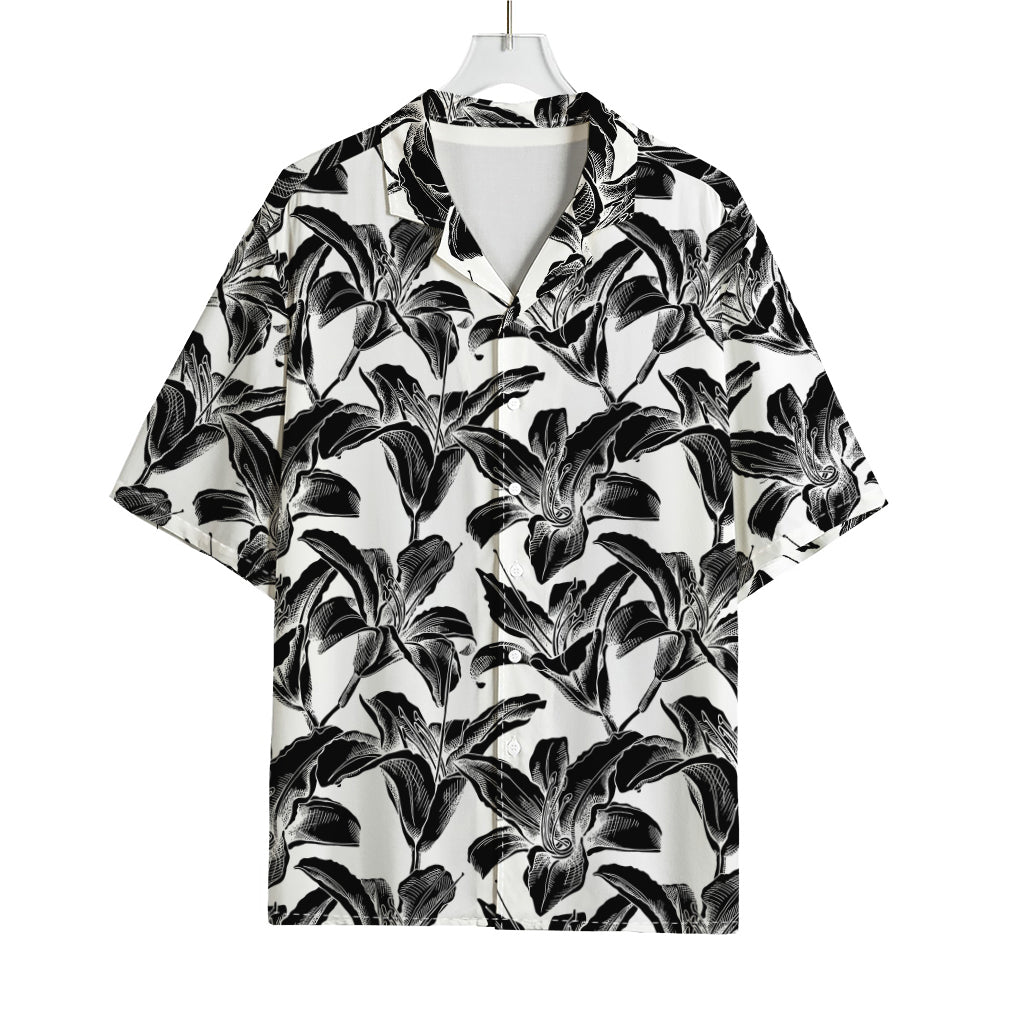 White And Black Lily Pattern Print Rayon Hawaiian Shirt