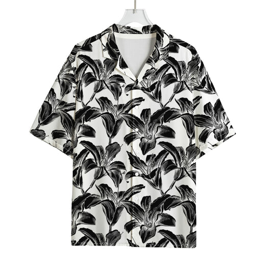 White And Black Lily Pattern Print Rayon Hawaiian Shirt
