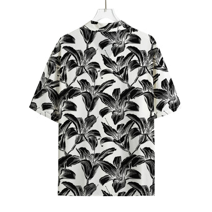 White And Black Lily Pattern Print Rayon Hawaiian Shirt