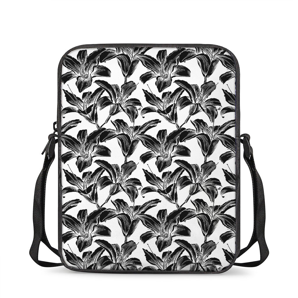 White And Black Lily Pattern Print Rectangular Crossbody Bag