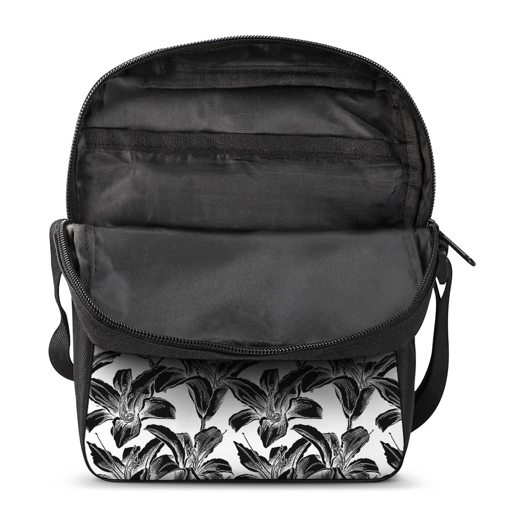 White And Black Lily Pattern Print Rectangular Crossbody Bag