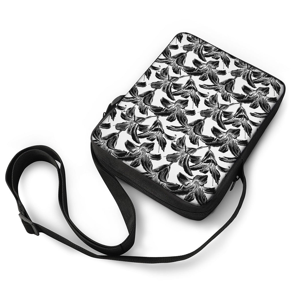 White And Black Lily Pattern Print Rectangular Crossbody Bag