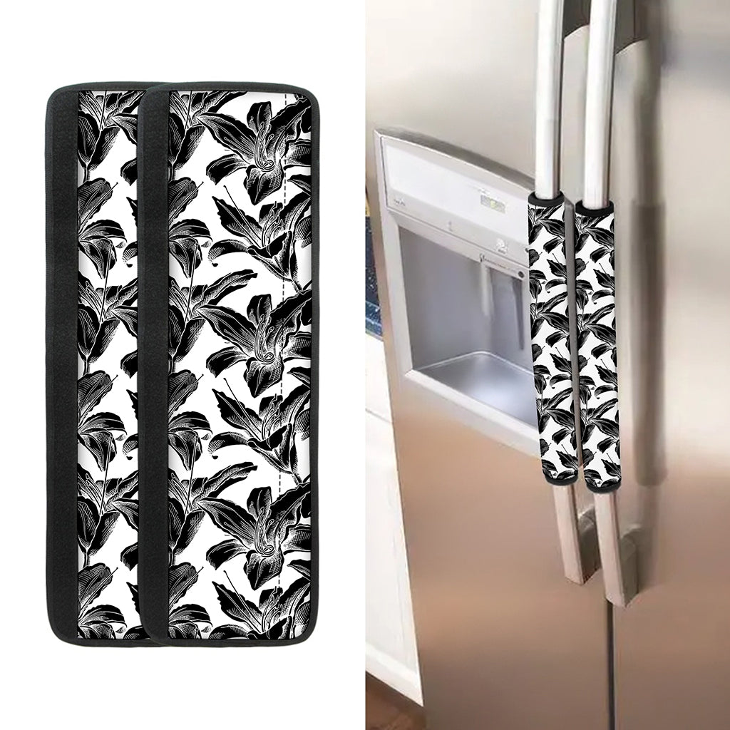 White And Black Lily Pattern Print Refrigerator Handle Covers