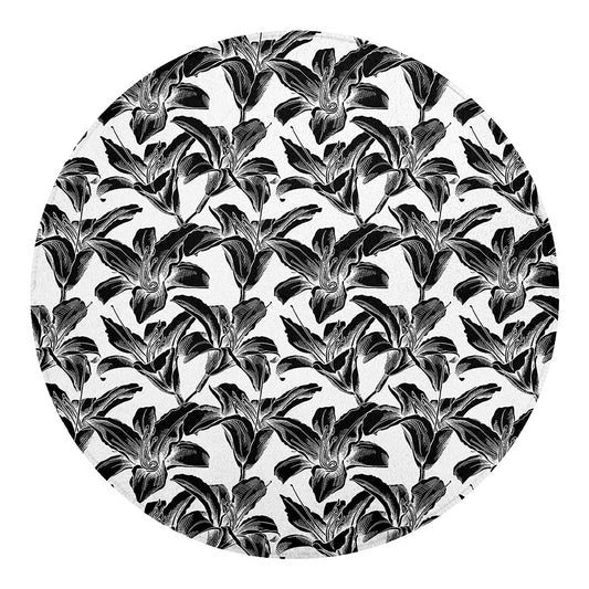White And Black Lily Pattern Print Round Blanket
