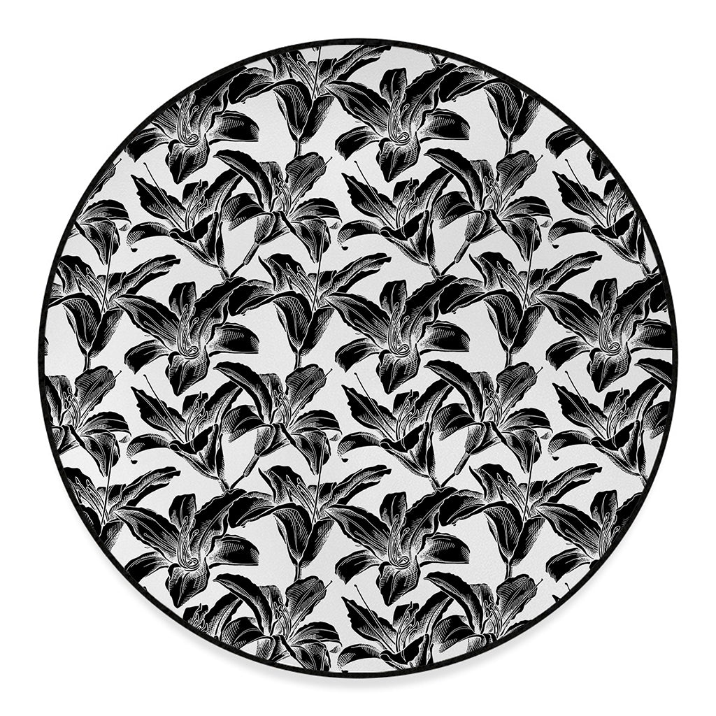 White And Black Lily Pattern Print Round Floor Mat