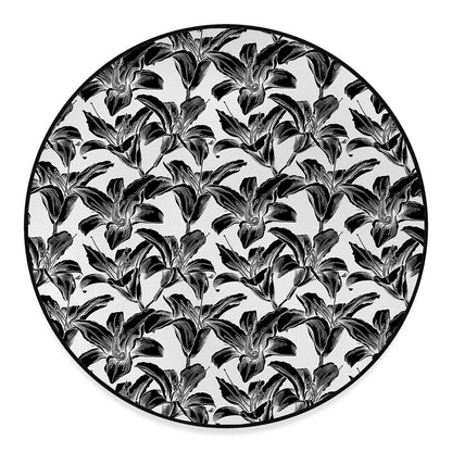 White And Black Lily Pattern Print Round Floor Mat