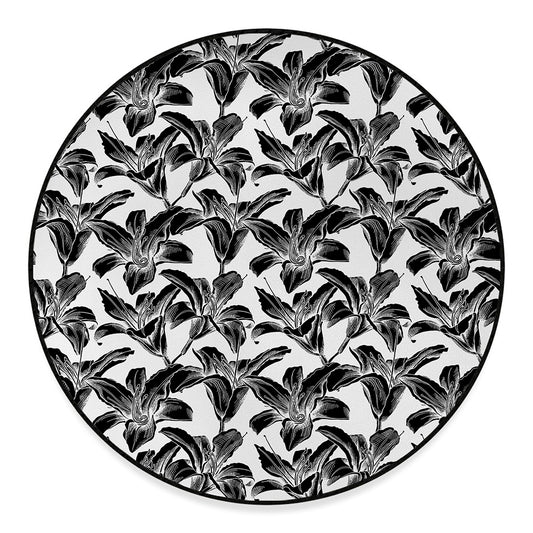 White And Black Lily Pattern Print Round Floor Mat