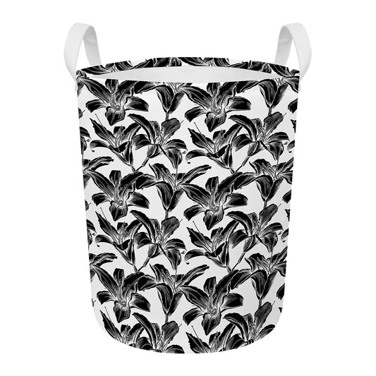 White And Black Lily Pattern Print Round Laundry Basket