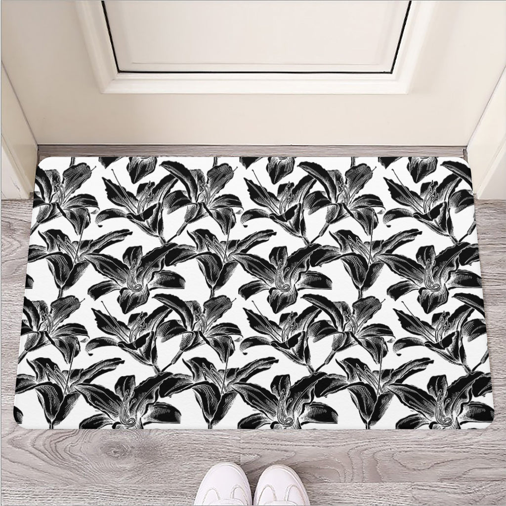 White And Black Lily Pattern Print Rubber Doormat