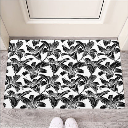 White And Black Lily Pattern Print Rubber Doormat
