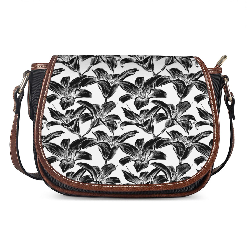 White And Black Lily Pattern Print Saddle Bag