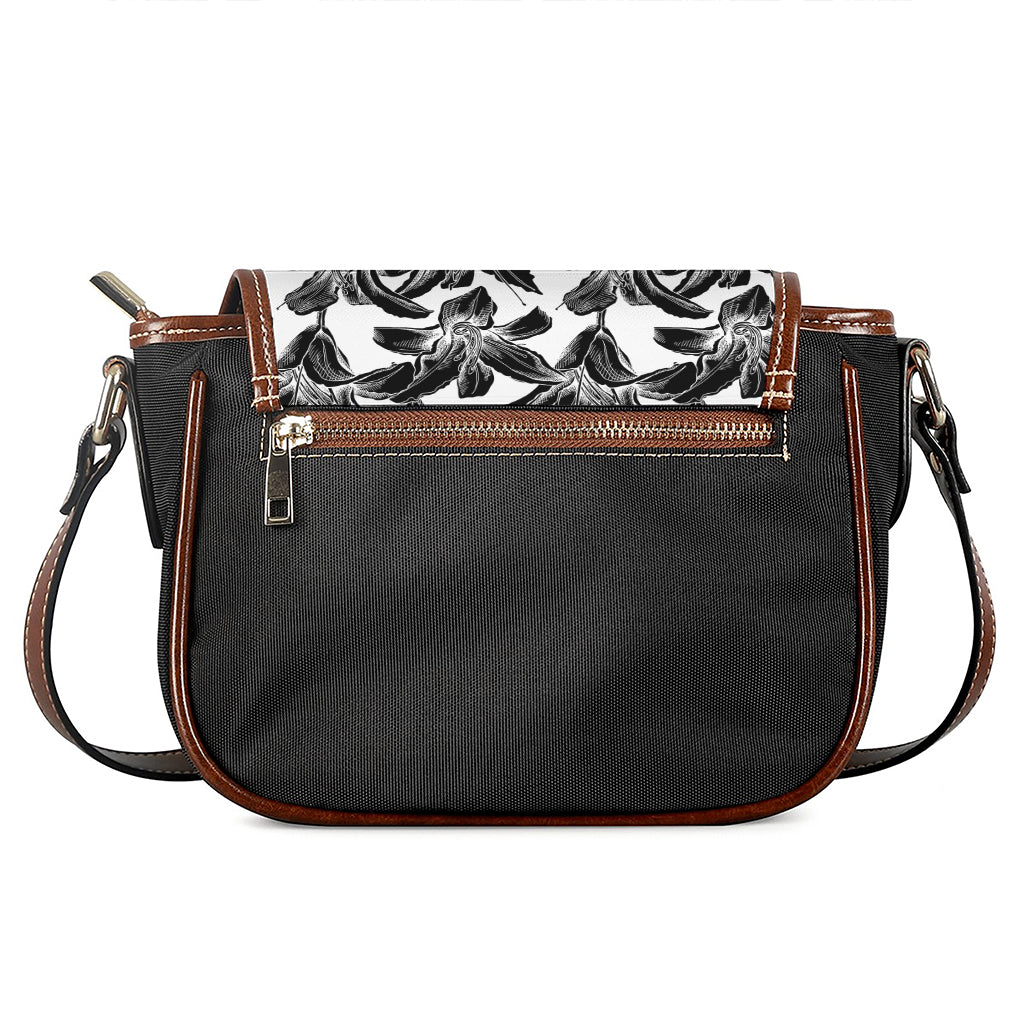 White And Black Lily Pattern Print Saddle Bag