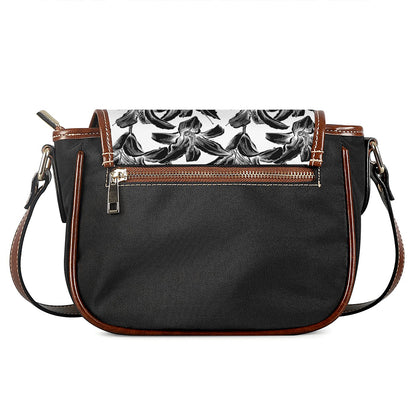 White And Black Lily Pattern Print Saddle Bag