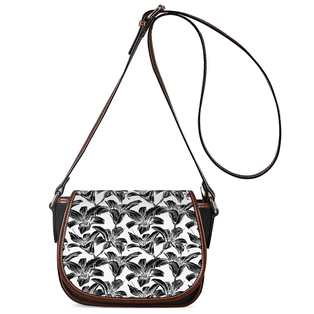 White And Black Lily Pattern Print Saddle Bag
