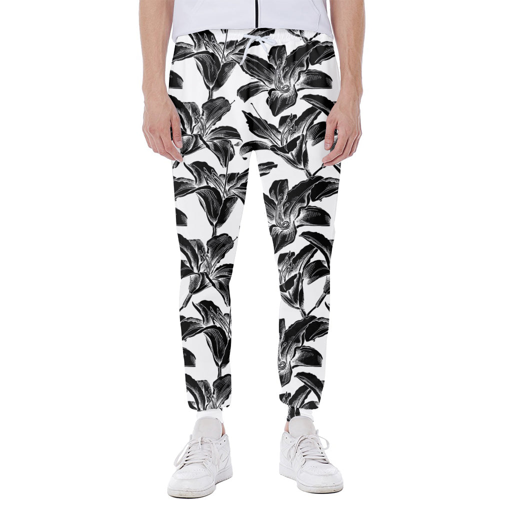 White And Black Lily Pattern Print Scuba Joggers