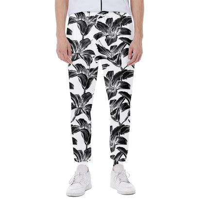 White And Black Lily Pattern Print Scuba Joggers
