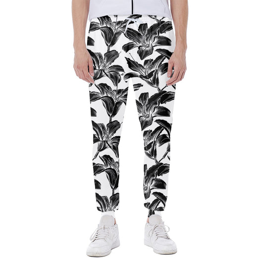 White And Black Lily Pattern Print Scuba Joggers