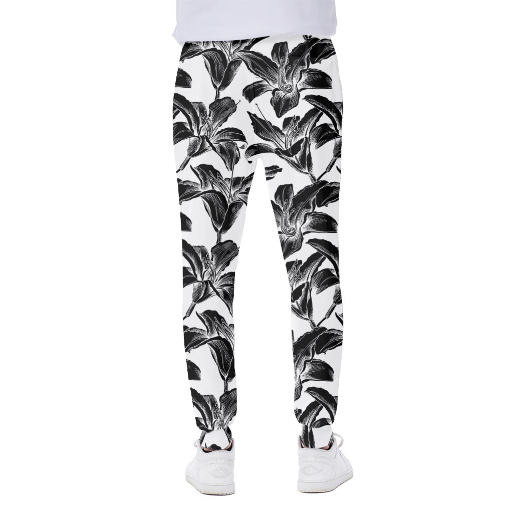White And Black Lily Pattern Print Scuba Joggers
