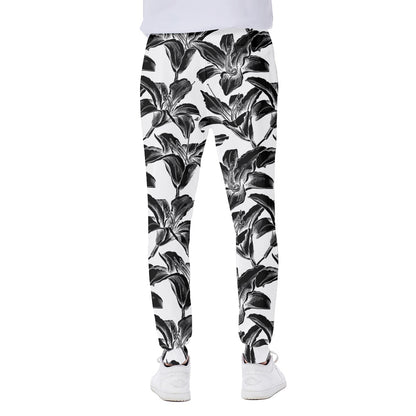 White And Black Lily Pattern Print Scuba Joggers