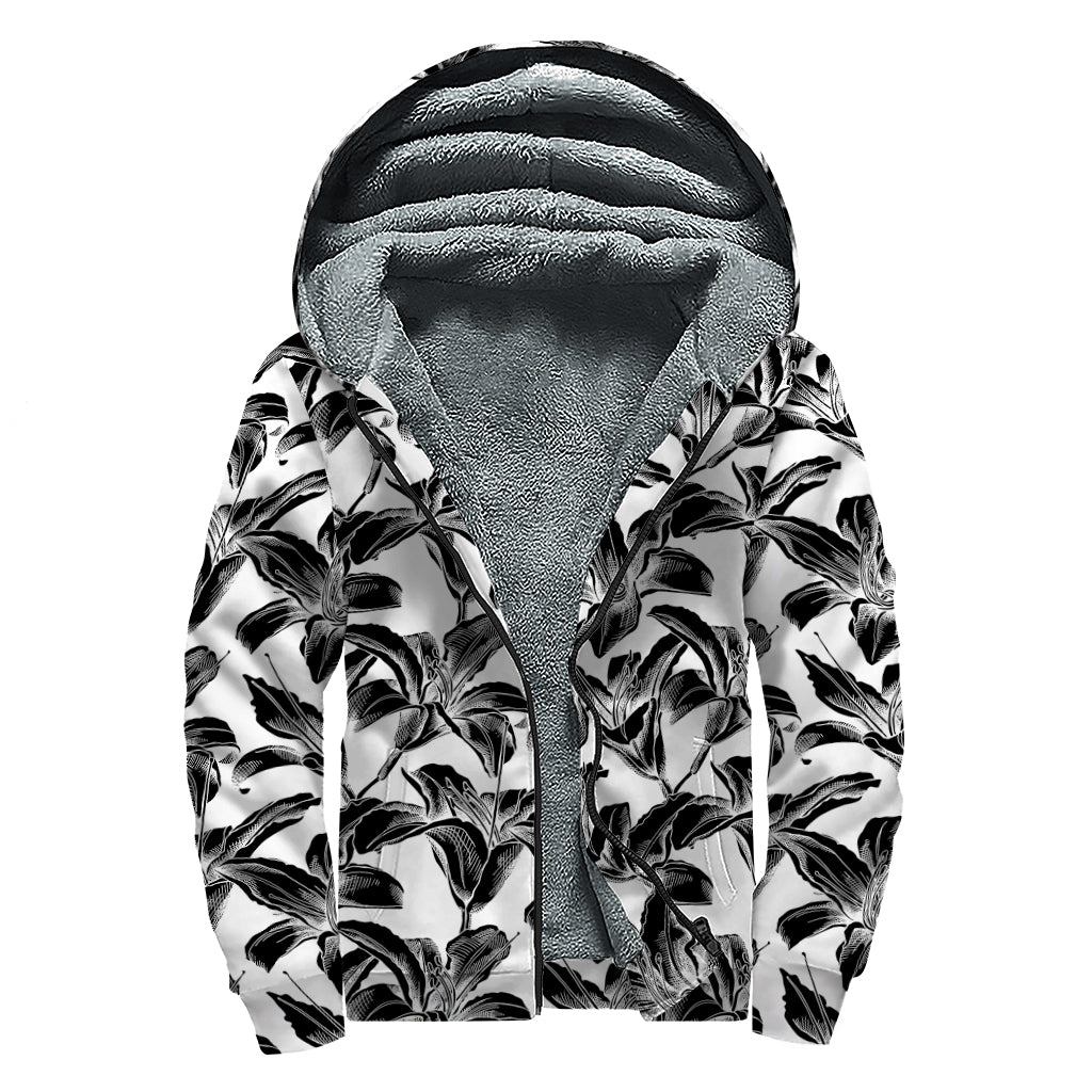 White And Black Lily Pattern Print Sherpa Lined Zip Up Hoodie